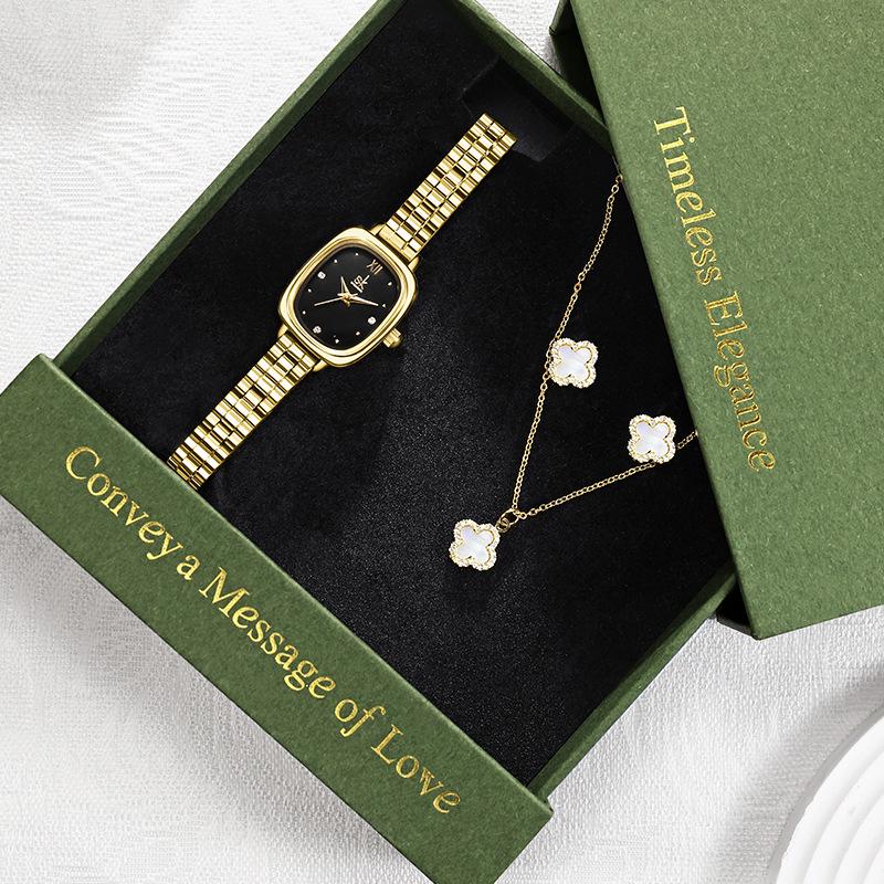 Women's Diamond Watch Set: Elegant Quartz Watch, Necklace & Earrings for Valentine's Day, Gift Box Included