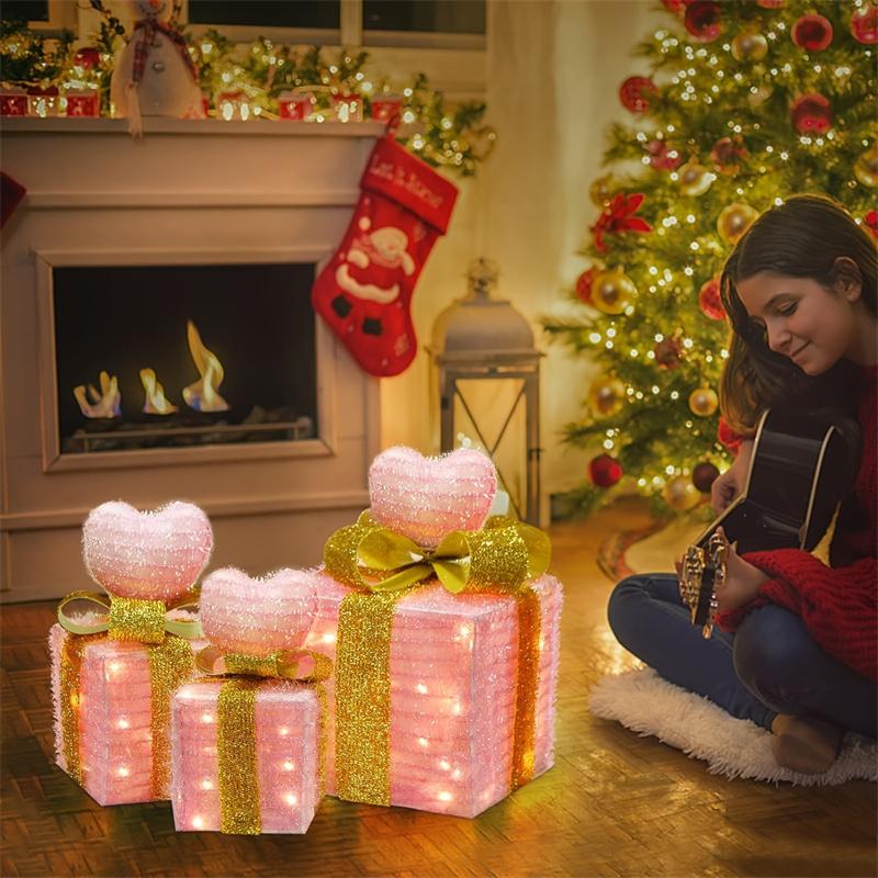 3 Sets Lighted Gift Boxes LED Light Up Pink Present Boxes for Weddings, Birthdays, Holidays, Home Decor, and Special Occasions