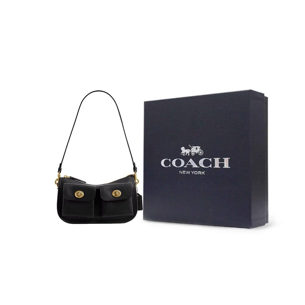 Coach Borsa a tracolla Waverly 24 con chiusura a doppio giro in pelle a grana naturale, taglia media da donna, colore nero CDZ20-B4BK