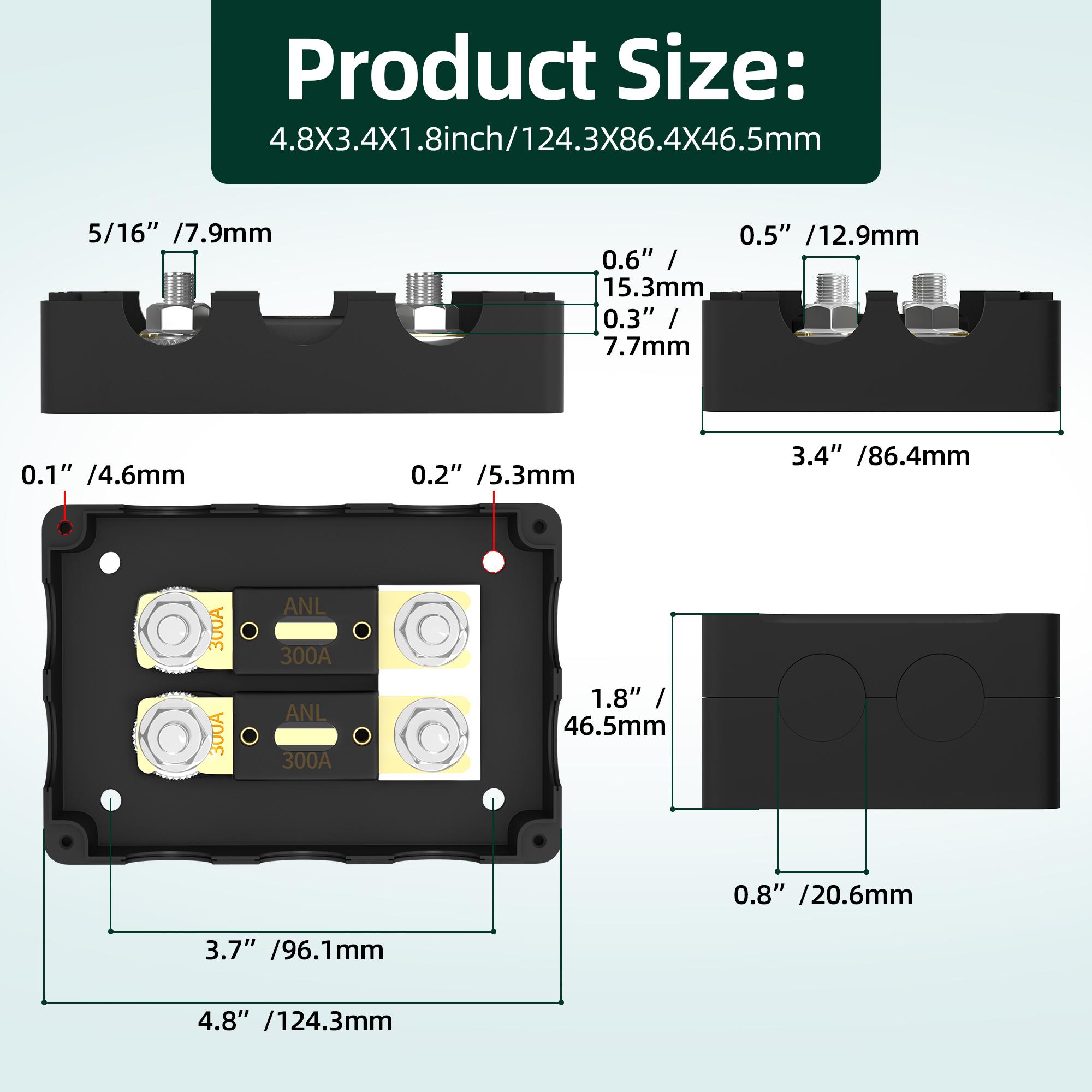 ANL Fuse Holder with 2PCS 300A ANL Fuse Waterproof 4 x 5/16 (M8) Studs Heavy Duty Dual Fuse Holder with 400A and 500A ANL Fuse ANL Fuse Holder