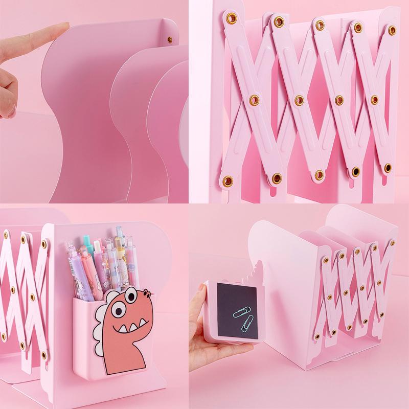 Adjustable Metal Bookends Desk Book Storage Stretch Book Holder With Pen Holder Office Supplies For Desktop Organization