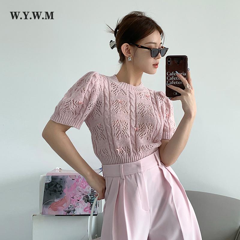 

WYWM повседневный милый женский пуловер с пышными рукавами и вырезами, лето 2023, французский нежный короткий вязаный женский тонкий топ с бабочкой