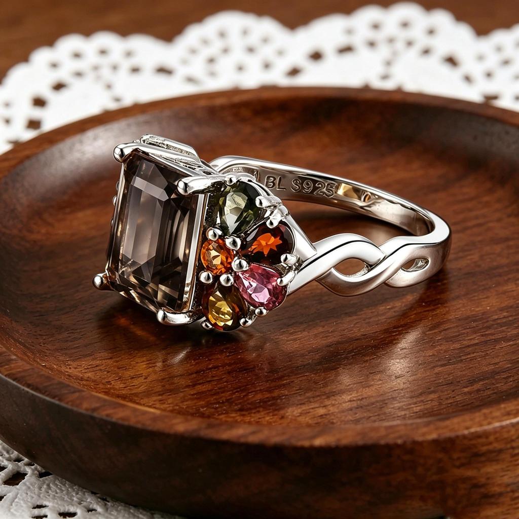 Natürlicher Rauchquarz, Turmal 925 Silberring für Damen, Eleganter Luxus Edelsteinschmuck, Jubiläumsbankett, Hochzeitsgeschenk