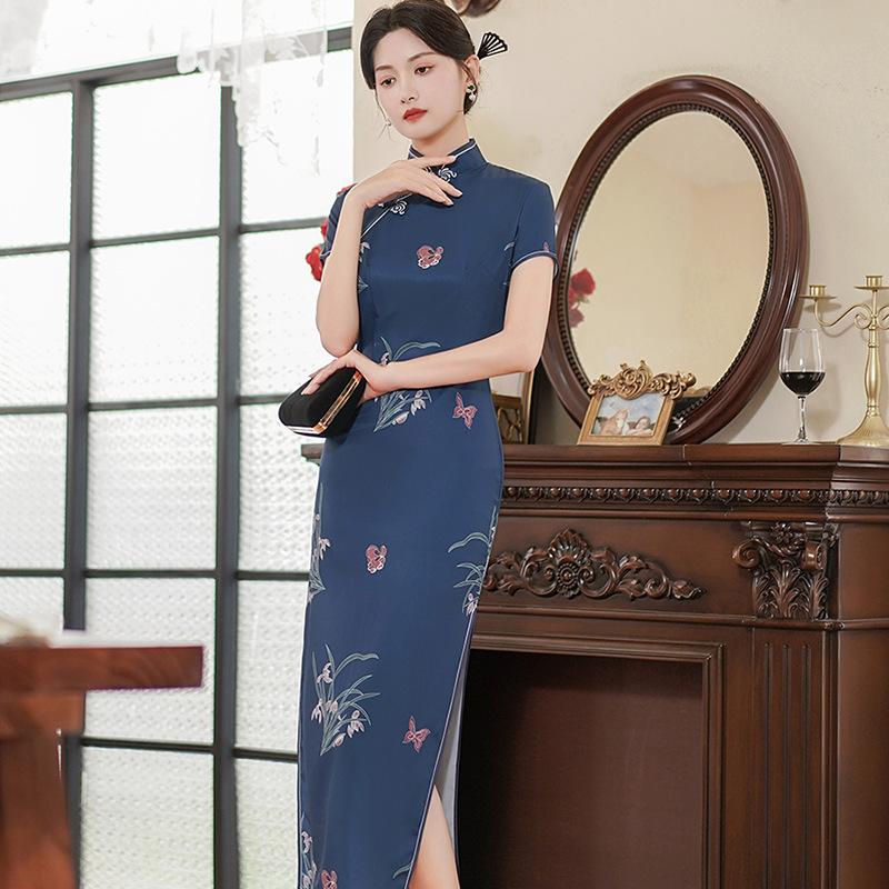 Women's Spring and Summer Retro Slim Cheongsam Long Dress Banquet Performance Elegant Dresses
