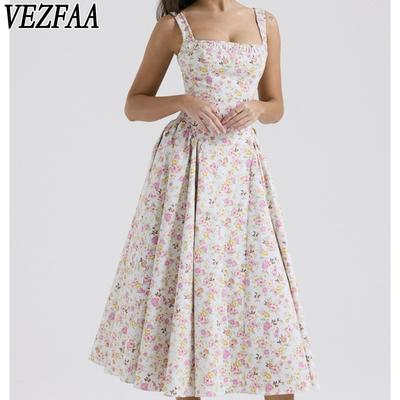 Moda damă vară primăvară model flori imprimeu bretele fără mâneci talie înaltă rochii casual