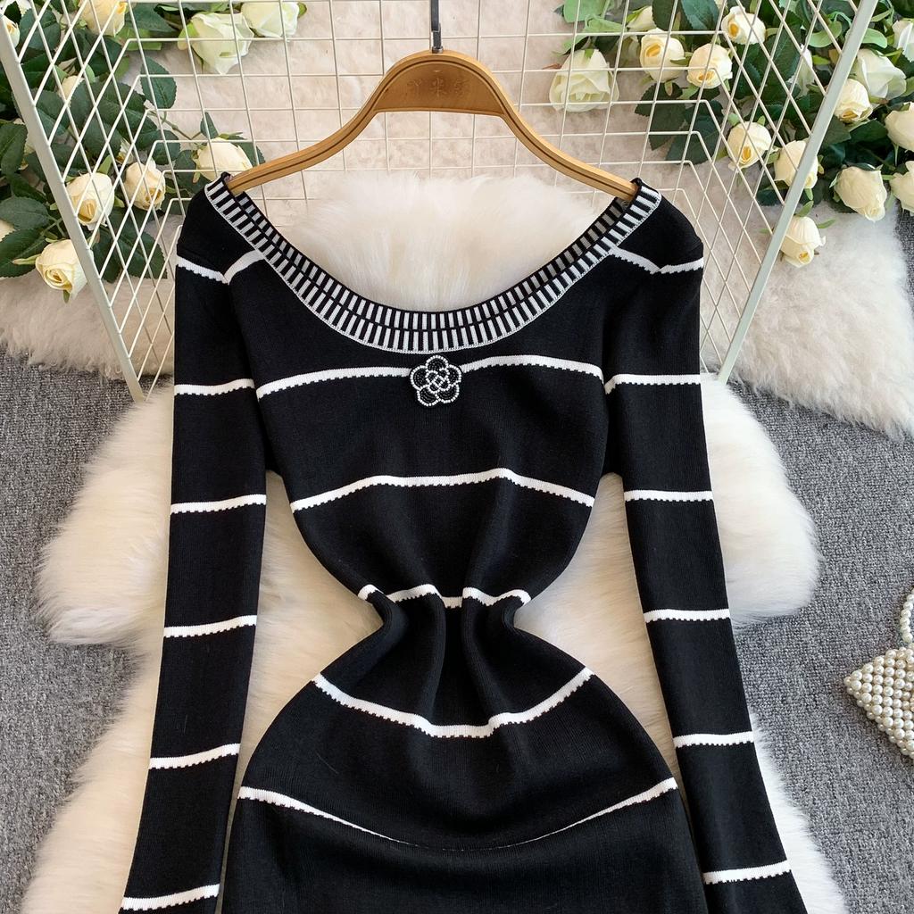 Spring Autumn Women Casual O-neck Beading Striped Knitted Sweater Long Midi Dresses
