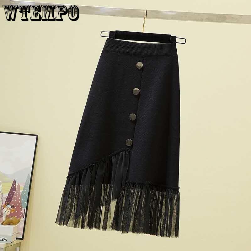 Elegant Black Single Row Button Elastic High Waist A Line Knitted Half-body Skirt Female Irregular Hem Mesh Splicing Package Hip Skirt