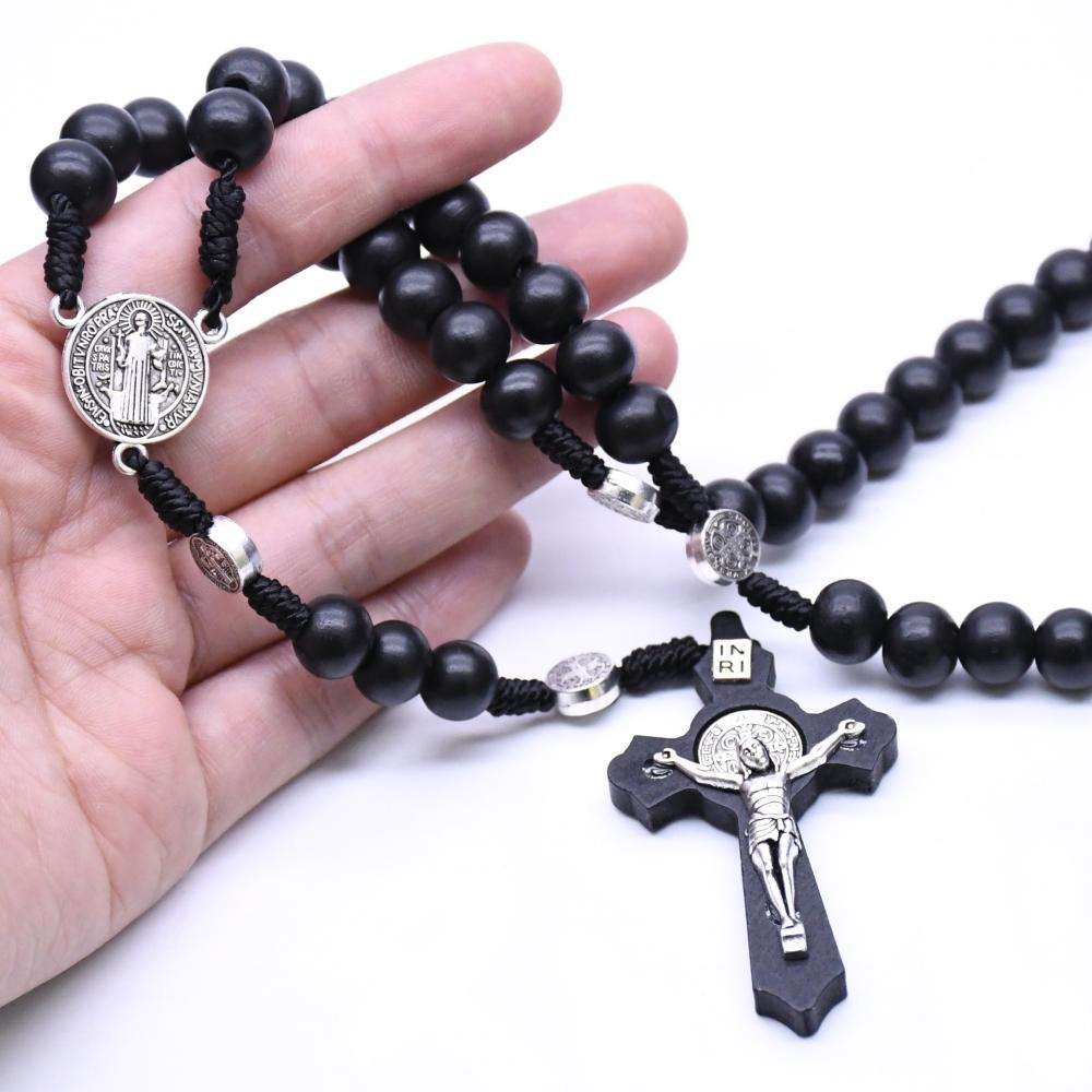 Trendy Black Brown Wooden Rosary Necklace Fashion Religious Catholic Large Cross Pendant For Women Men Fashion Beads Jewerly