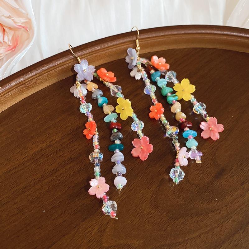 Summer Limited~ Crystal Stone Beaded Resin Flower Bracelet Necklace Ear Hook Set Dopamine Sweet Jewelry