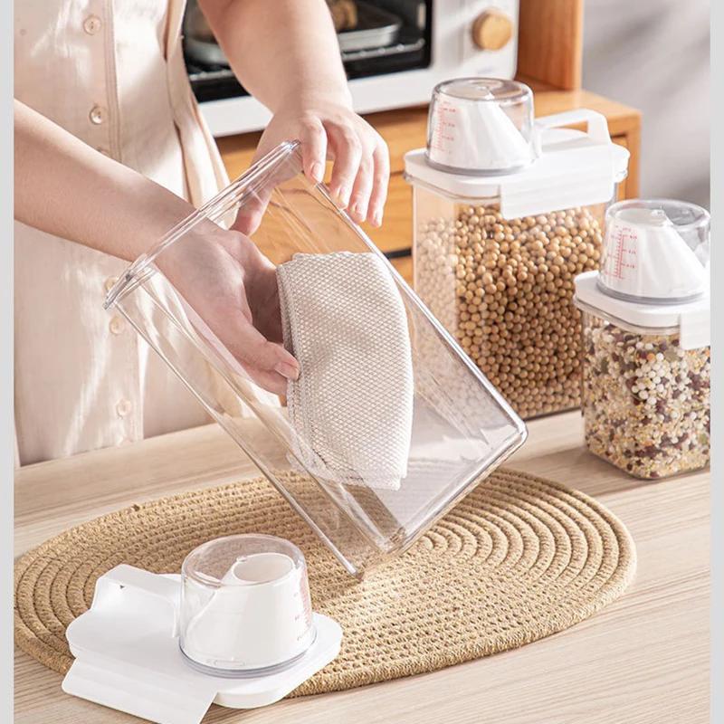 Sealed Cereal Insect-Proof Rice Bucket with Measuring Cup Transparent Rotary Food Moistureproof Tank Kitchen Storage Box