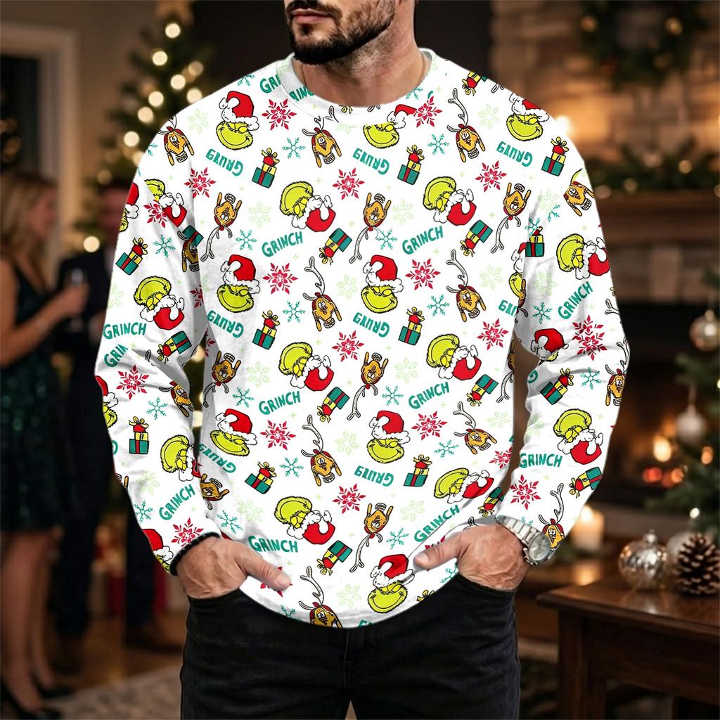Men's Casual Loose Fit Long Sleeve Neck Tee with Christmas Print for Fall Winter