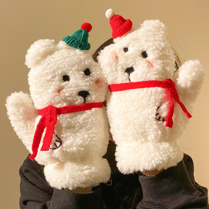 Urocza świąteczna czapka Miś pluszowy rękawiczki Damskie jesienno-zimowe pogrubione i aksamitne ciepłe do jazdy na rowerze Trend