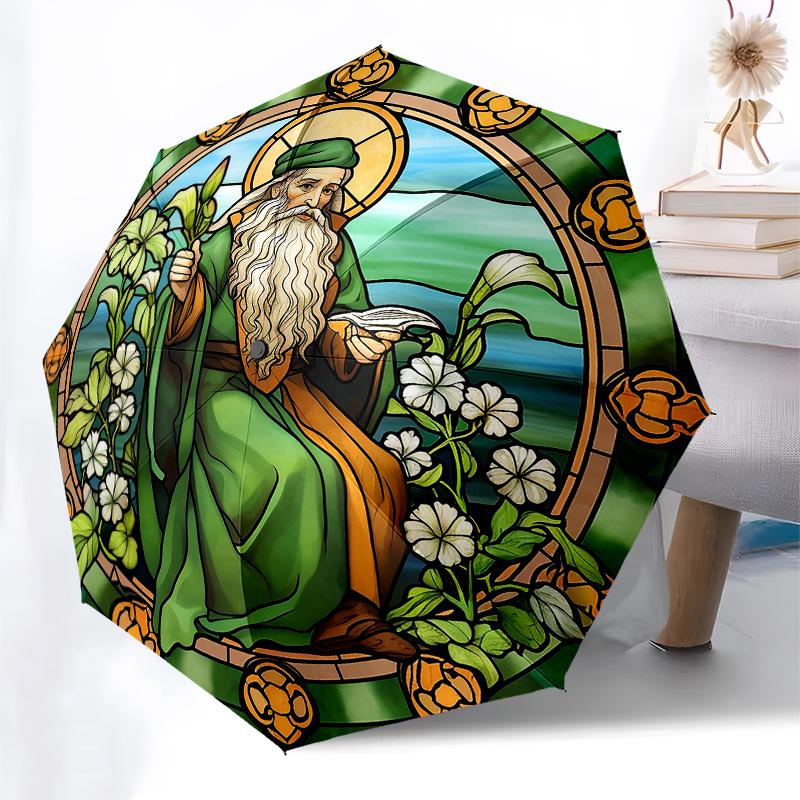 Panel Okienny Witrażowy, Parasol Dekoracyjny na Dzień Świętego Patryka, Uroczy Parasol z Uroczym Wzorem, Przenośny Kompaktowy Parasol Trójzłożeniowy dla Mężczyzn i Kobiet,