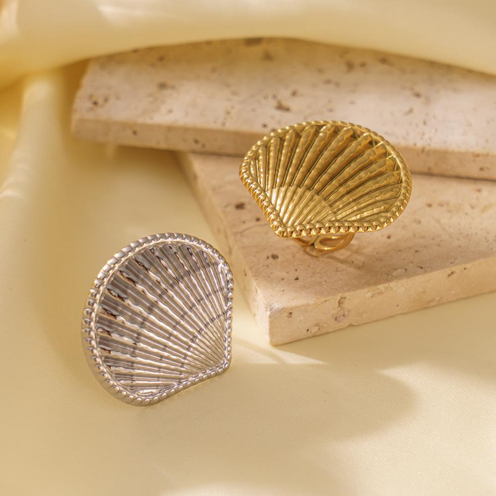 Stainless Steel Shell Fashion Open Ring - European & American Seaside Vacation Style, Niche Design, Non-Fading Jewelry