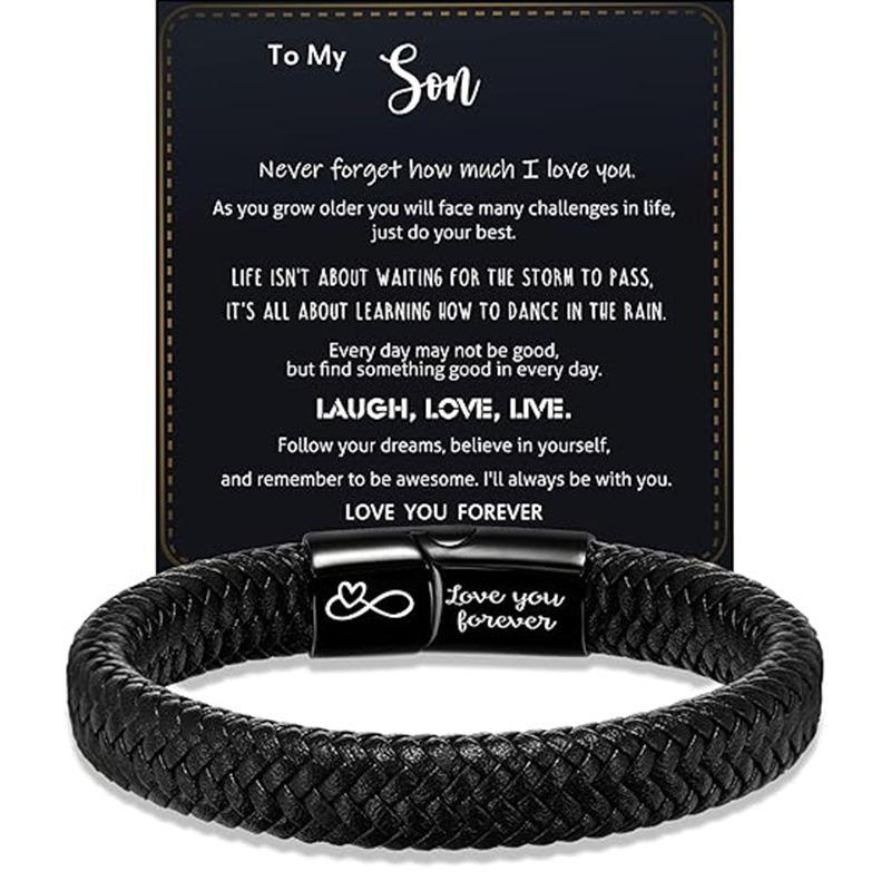 Magnetic Stainless Steel Leather Bracelet, Hand-woven for Men, with Personal Message Engraved on It