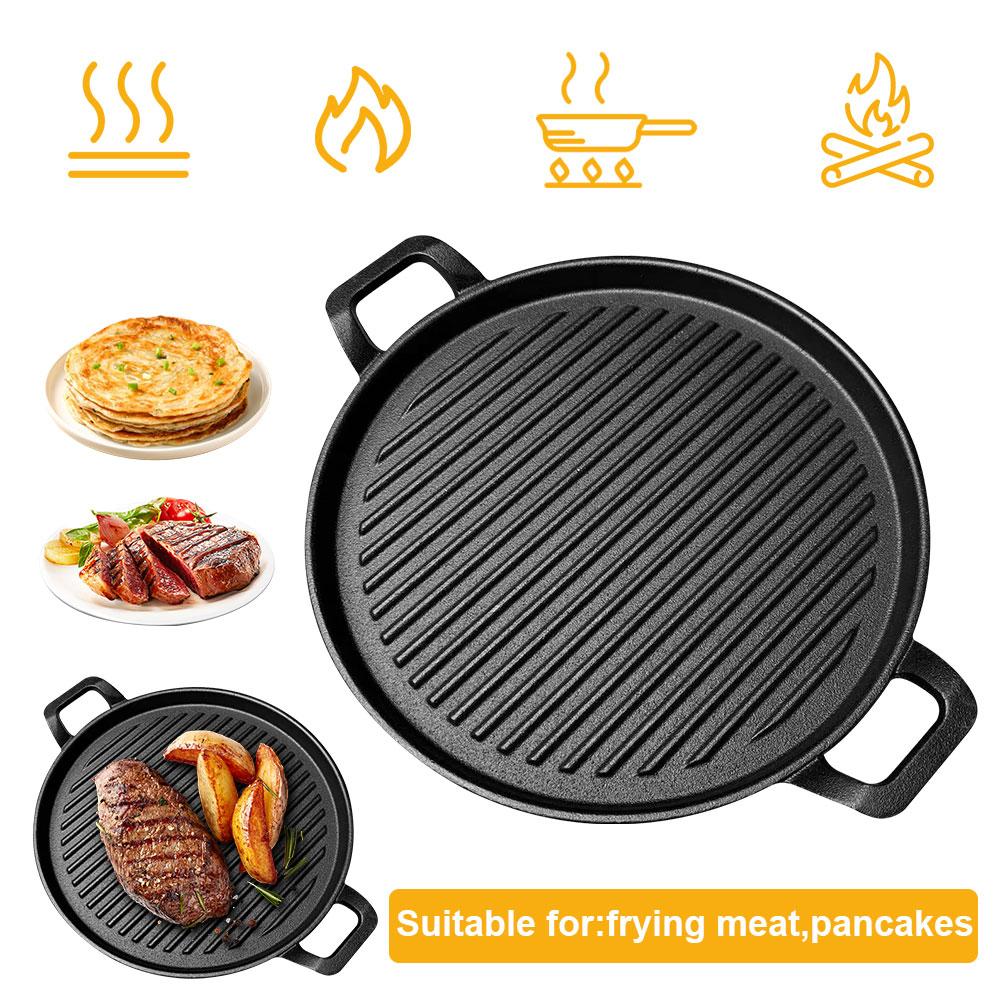 Portable Frying Pan Picnic Cast Iron Grill Pan Anti-scald Flat & Ridged Skillet Pan with Handles 12 Inch Outdoor Grill Plate