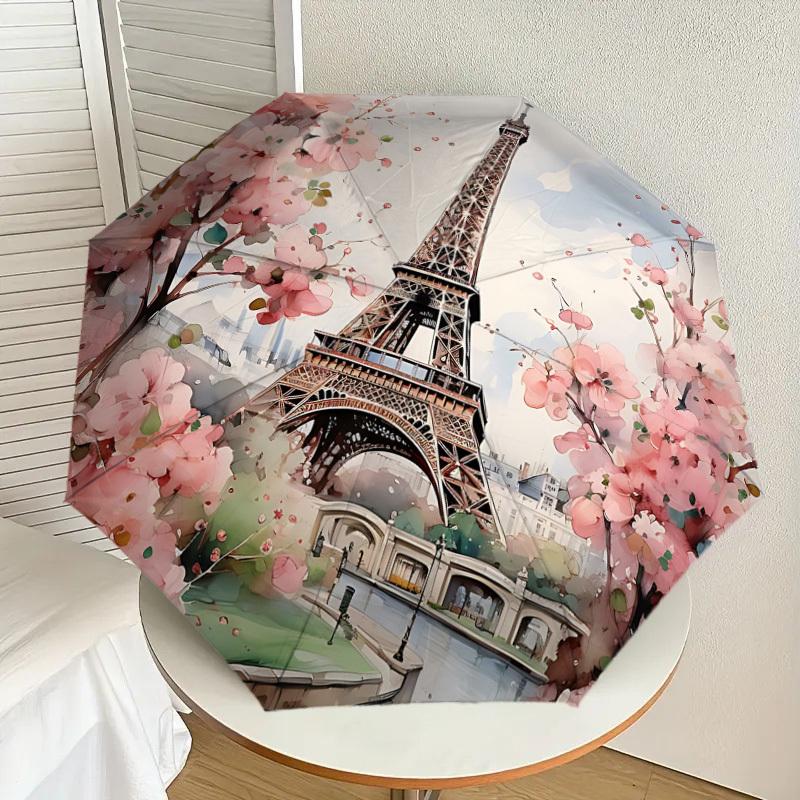 1PC Eiffel Tower, Cherry Blossoms Umbrella-8-Rib Reinforced, Automatic Open, Lightweight & Durable, Cute Fashion Accessory for Outdoor, Beach, or Casu