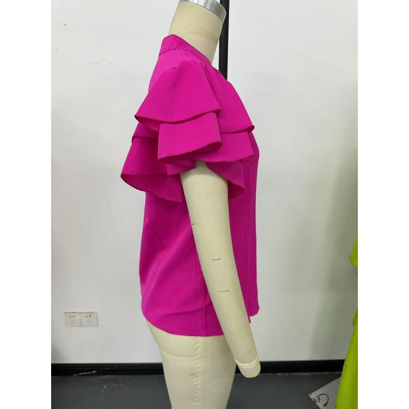 Damenhemd Sommer Neu V-Ausschnitt Lässig Rüschen Kurzarm Einfarbig Locker Hemd Oberteile Damen Elegant Mode Lässig Damenblusen