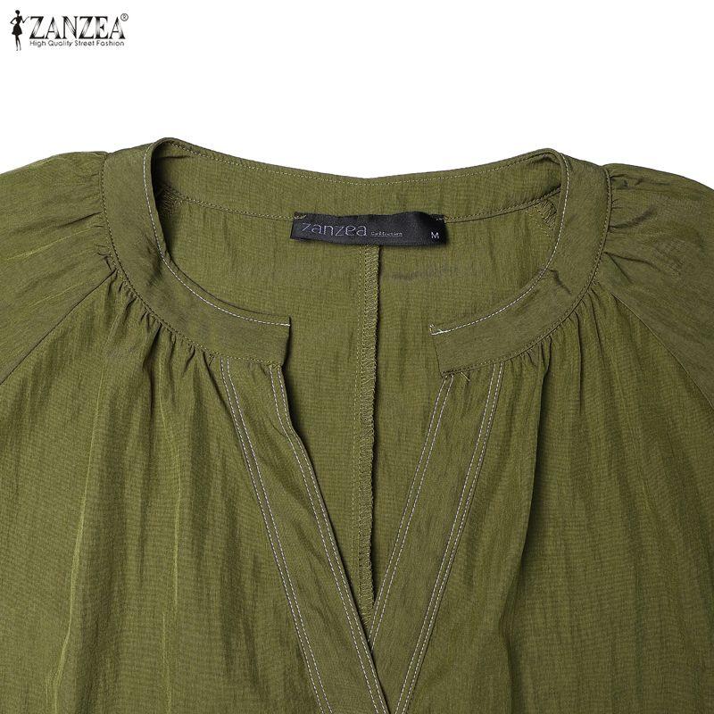 ZANZEA Autumn Womens V Neck Puff Sleeve Maxi Dress Casual Loose Solid Color Tiered Long Dresses
