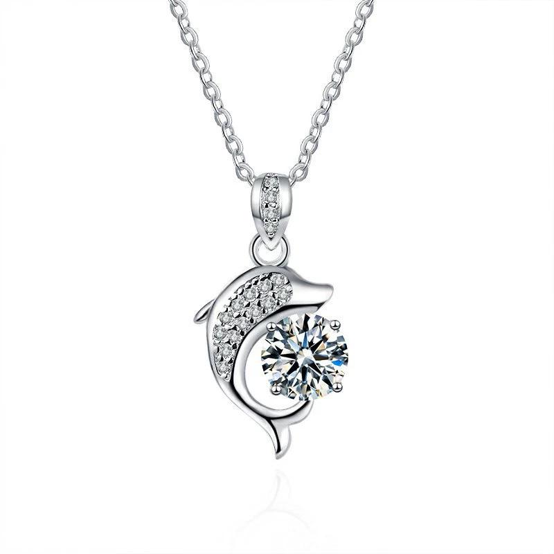 Elegant S925 Sterling Silver Dolphin Moissanite Pendant Necklace with Diamond Accents for Girlfriend. 925 Sterling Silver