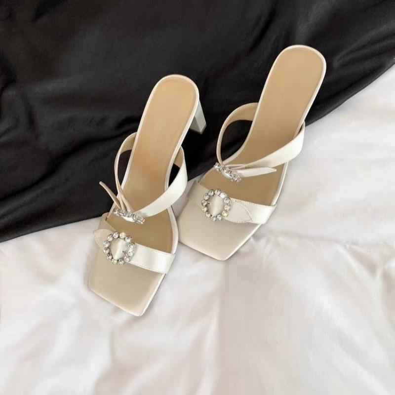 Chunky Heel Sandals New Summer Square Head Open Toe Sequin Metal Buckle Set Foot Non-slip High-heeled Slippers