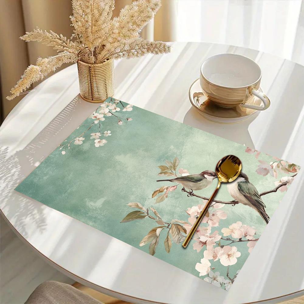 4pcs Vintage Floral Bird Placemats - Elegant Teal & Pink Table Mats, 12x18 Inch Rectangular Dining Decor for Christmas, Thanksgiving, Halloween