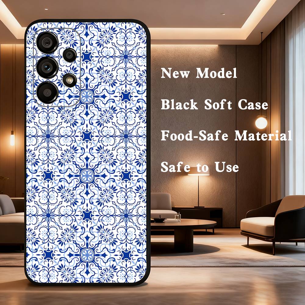 blue and white porcelain Phone Case For Samsung Galaxy A73,31,32,72,41,53,52,71,22,5G,Note,J7,8,9 Soft Black Cover