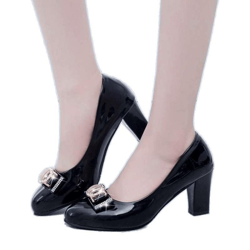 Single Shoes Women's Versatile Work High Heels Spring and Autumn Thick Heel Middle Heel Bow Patent Leather Nude Women's Rhinestone Single Leather Shoe