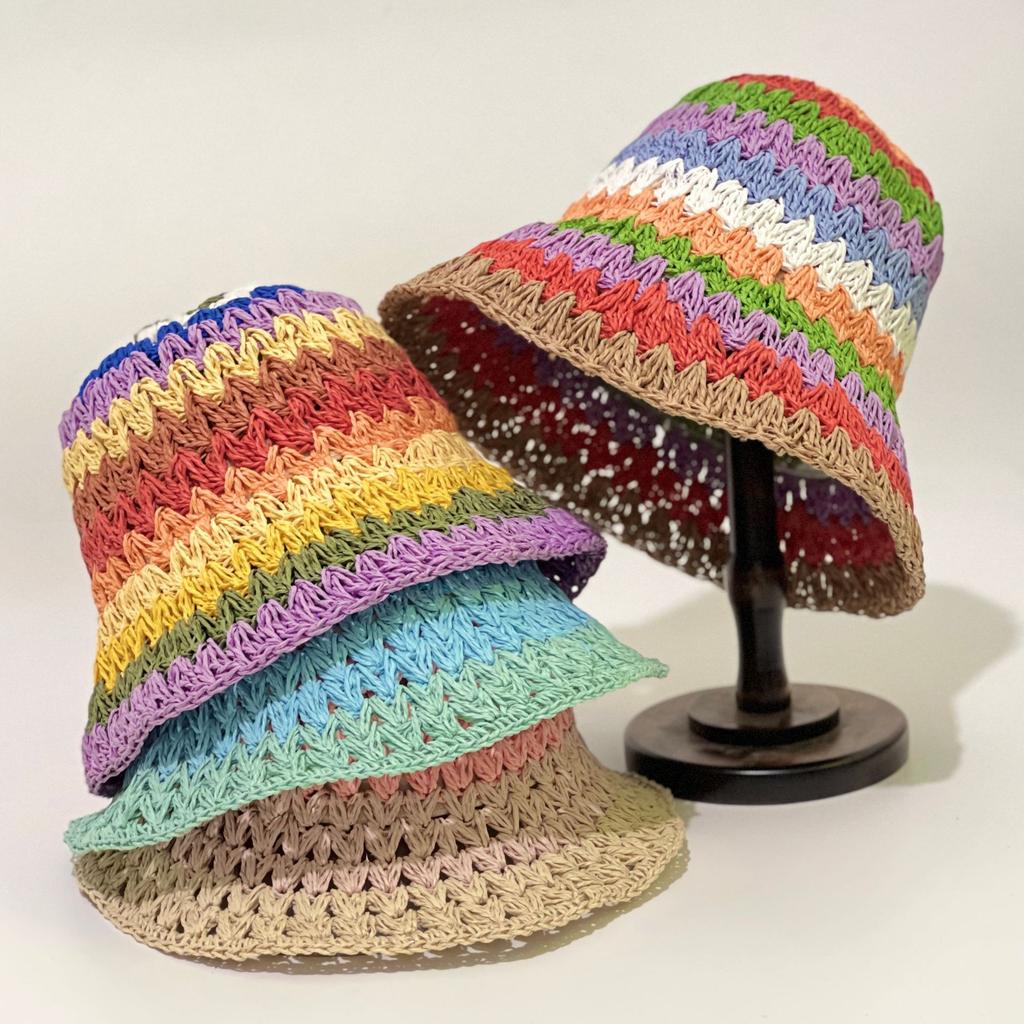 Handwoven Straw Hat Women's Breathable Hollow Rainbow Bucket Hat Bucket Hat Niche Face Small Visor Basin Hat