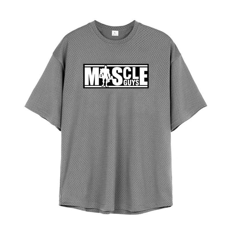 Muscleguys Summer Men's Running Workout Tops Bodybuilding Short-sleeved Fashion Thin Hollow Mesh T-shirt Outdoor Sports Casual