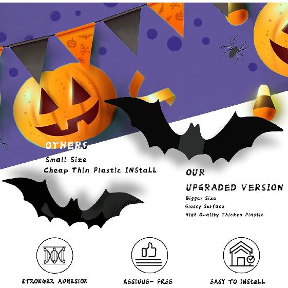 TDHDIKE Halloween Party Supplies & Decorations 140Pcs Realistic PVC 3D Black Scary Bat Wall Stickers for Creepy Home & Indoor Decor DIY Wall Decal