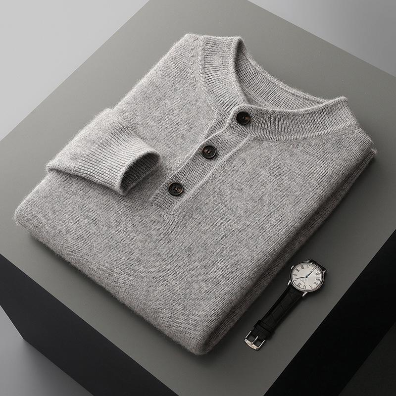 

Men s Winter Wool Henley Sweater - Thick Knit Pullover for Autumn & Winter L светло-серый