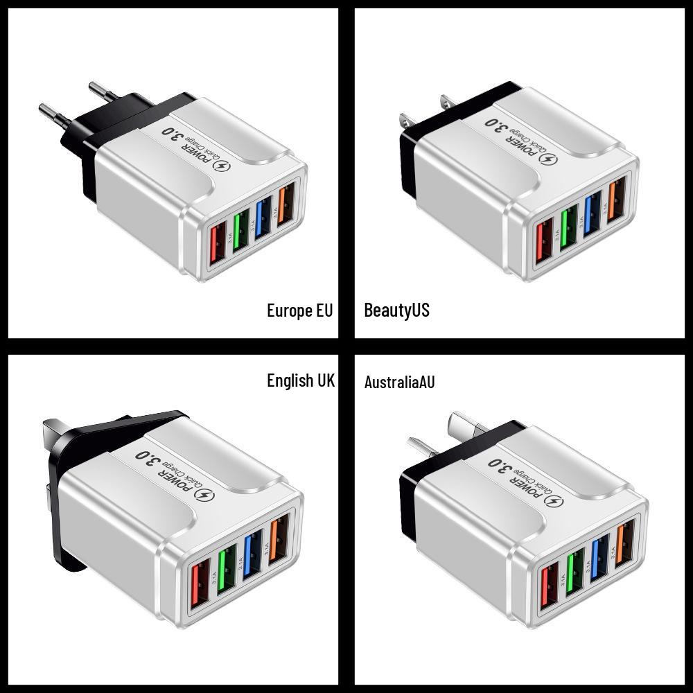 Multi-Standard 4-Port USB Charger: 3A Mobile & Tablet Travel Adapter