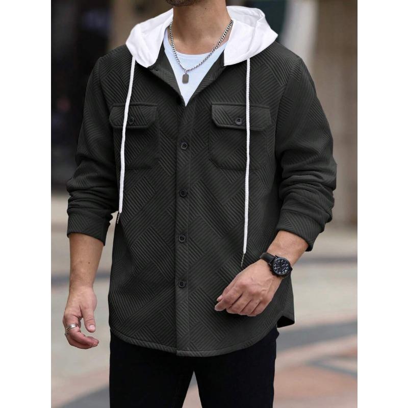 

Men s Contrast Black Hood Textured Shirt Jacket Button Up Casual Outerwear with Pockets XXL чорний
