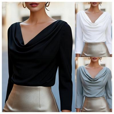 Frühling Herbst Damen Hellblau Satin Schalkragen 3/4 Ärmel Bluse Elegantes Büro Oberteil