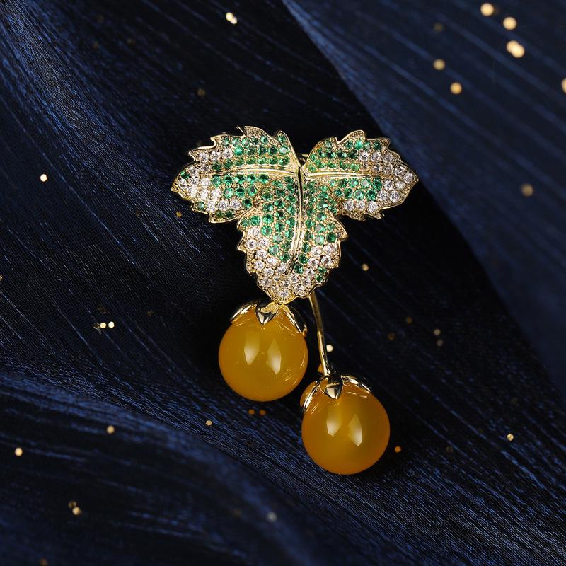 Broche Bo Xin Yun Haut de Gamme Agate Jaune Raisin avec Zircon Cerise - Épingle Élégante pour Accessoire Vestimentaire
