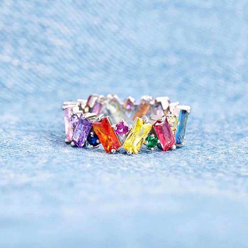 Geometric Bright Multicolor CZ Stone Ring Young Lady Fashion Finger Accessories Trendy Engagement Band Jewelry for Women