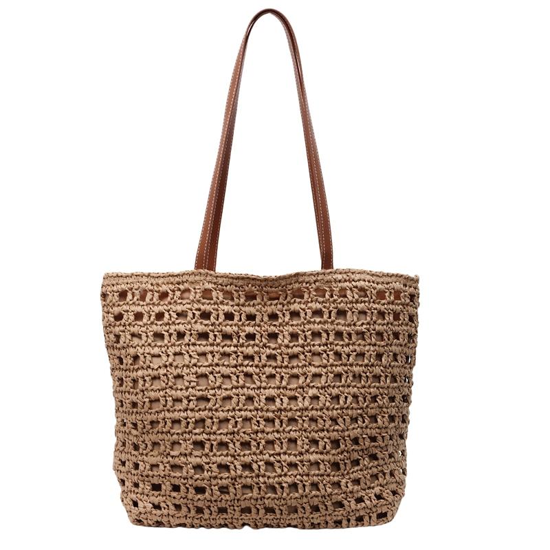 Handwoven Straw Tote Bag with Leather Handles and Open Weave Design Perfect for Summer Beach and Casual Outings