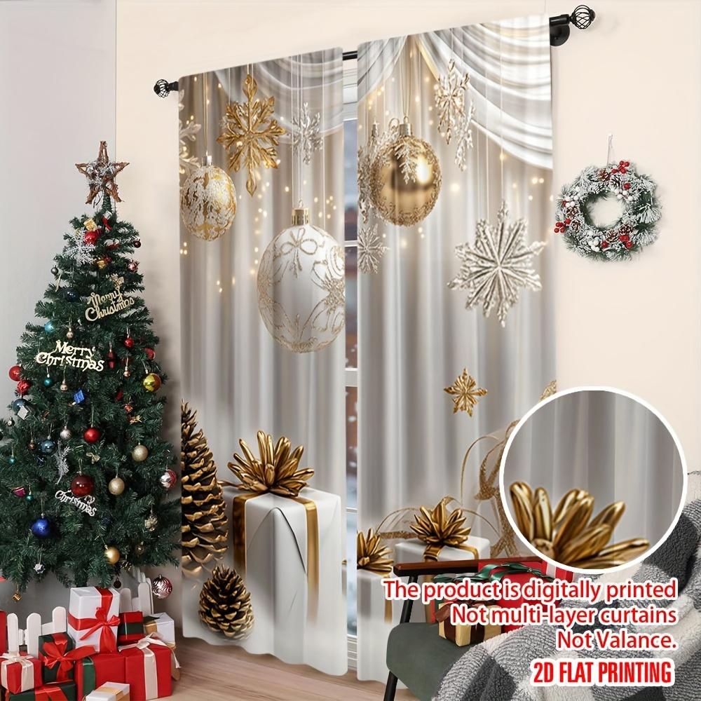 2pcs Elegant Gold Glitter Snowflake Print Sheer Polyester Curtains – for Living Room   Bedroom   Office   Kitchen & Christmas Decor