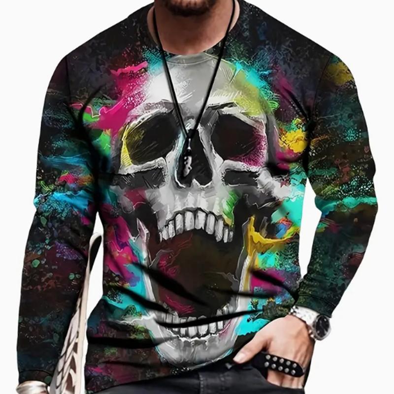 Personalized Skull Print Men's Tshirts Long Sleeve Tees Round Neck Casual Pullover Men's Clothing Plus Size