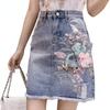 Falda vaquera de cintura alta irregular con borlas de flores y cuentas para mujer, faldas vaqueras ajustadas bordadas
