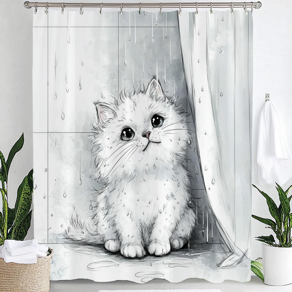 Cartoon Niedliche Katze für Badezimmer Duschvorhang, Dekorativer Duschvorhang, Bedruckter Stoff Vorhang für Zuhause Mit Haken