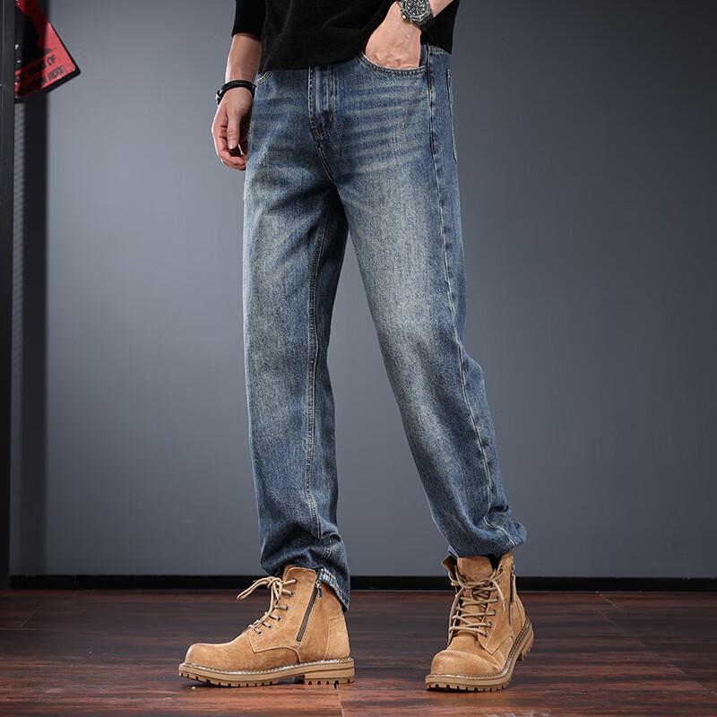 Jieleinuo Men's American Retro Washed Straight-Leg Denim Jeans