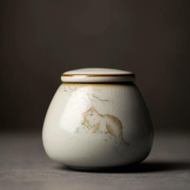 Retro Ru Kiln Ceramics Tea Caddy Cute Cat Pattern Portable Sealed Tea Leaf Containers Travel Tea Bag Storage Box Spice Organizer