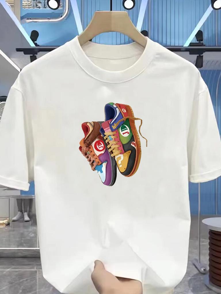Men's Summer Cotton T-shirt - Fashion Brand - Tight Sportswear Style - Teenage Trendy Style - Printed Shoes - Short-sleeved Top
