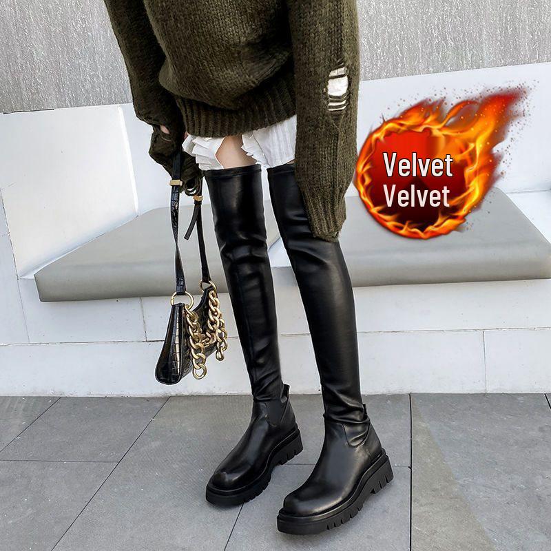 Women's Over-the-Knee Stretch Boots, 2025 Autumn/Winter, Slimming, Round Toe, Flat To Mid-Heel with Thick Sole.