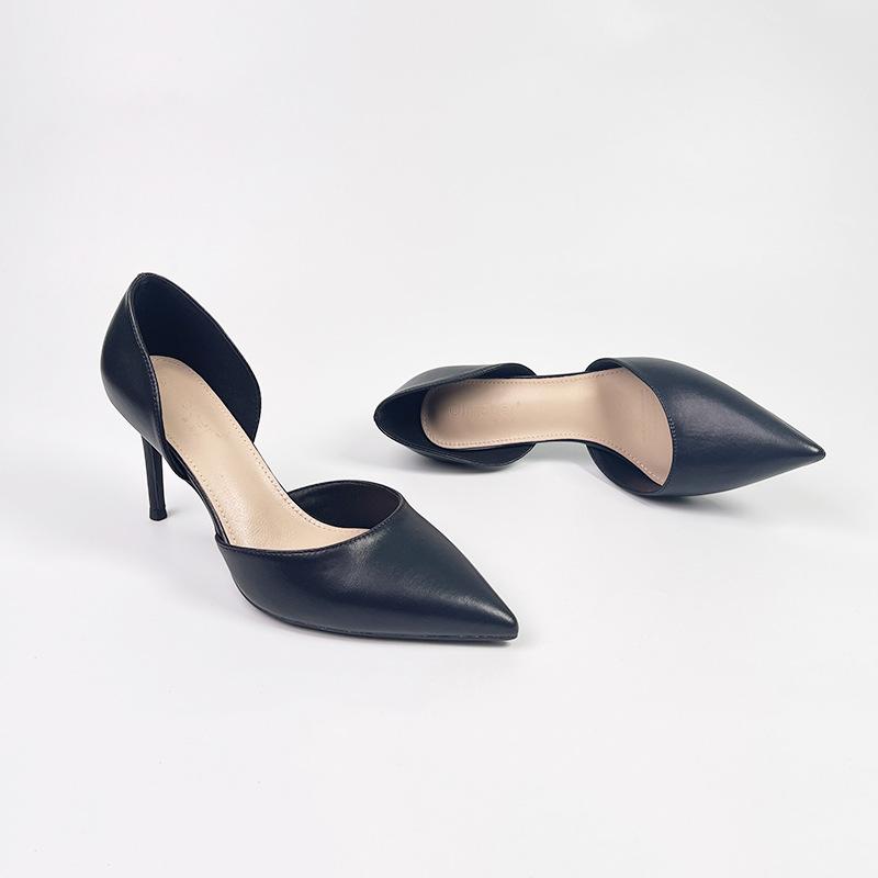 Fashion Woman Sexy High Heels Shoes Work Dress Professional Navy Blue Pumps Shallow Mouth Pointed Wedge Sandals Ladies Slip On Lace-Up C