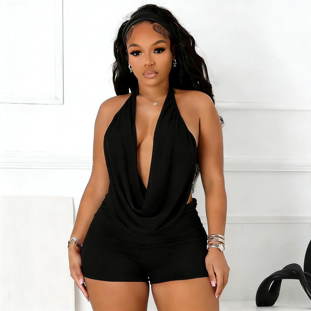 European & American Sexy Low-Cut Halter Backless Top with High-Waisted Ultra-Short Pants Two-Piece Set for Women.