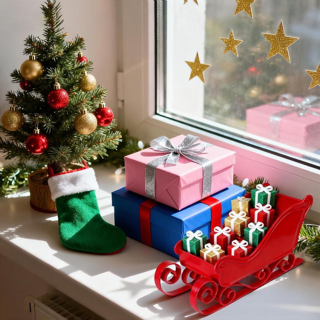 Christmas Mini Sleigh, Christmas Candy Bowl Santa Sleigh Basket Candy Dish Bowl Server Table Top Table Shelf Decors Red Holiday Decoration Winter