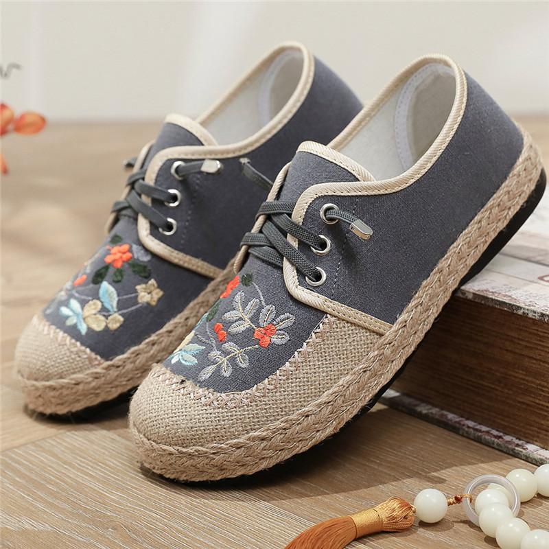 

Весенние и осенние женские туфли на плоской подошве с вышивкой в стиле ретро со шнуровкой и круглым носком, удобные женские туфли ручной работы из хлопка и льна 40 серый